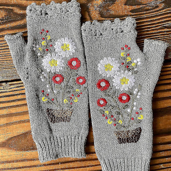 Stretchy blomsterbroderede håndvarmere fingerløse strikkede handsker Blød vante Gray