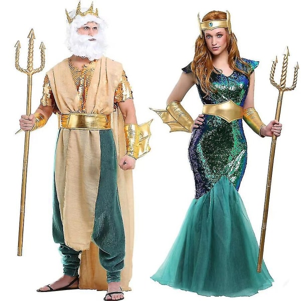 Gammel gresk Poseidon Cosplay Sea Sirene Havfrue Dronning Kostyme Halloween Fancy Dress Karneval Kostyme For Menn Kvinner Women XL