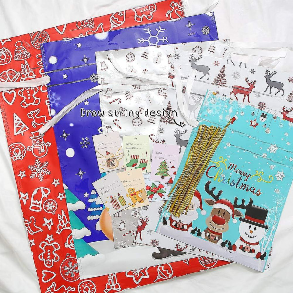 Set med 5 julegaveposer, julegaveposer med snøring store med merker, julegaveinnpakningsposer for julefest, gaver, feriede