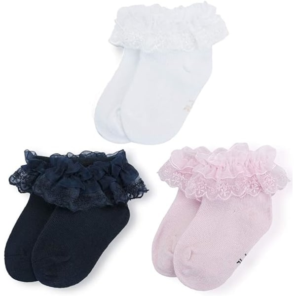 Baby Girls Ruffled Lace Sokker Baby bomullssokker 3 pakke