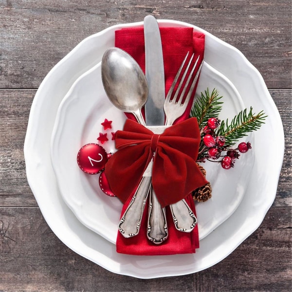 8 røde sløjfer servietholderringe, fløjlsløjfe juleservietholder spænde bordpynt til jul
