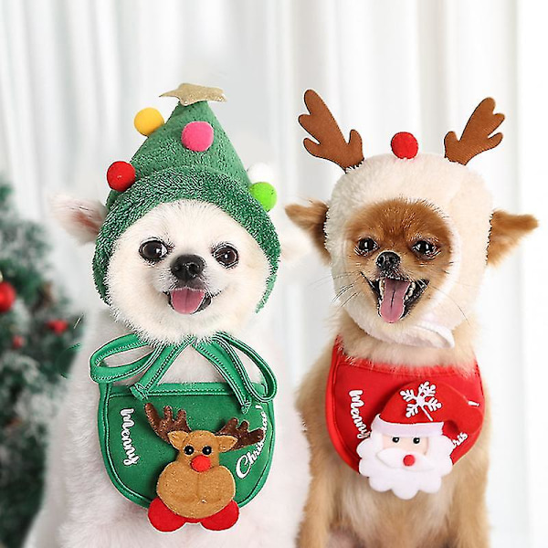 Julehatt for kjæledyrhund, Santa-skjerf for hund, elg-julehatt for hund og katt, vaskbar spytt-håndkle for små hunder, vintertilbehør for hunder green cat L