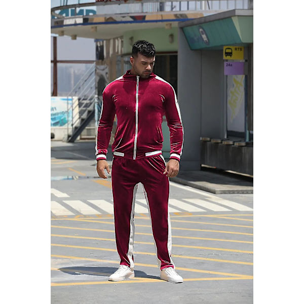 Velour Träningsdräkt Sammetsdräkt: Herr Jogging Träningsdräkt 2 Delar Set Dragkedja Tröjor Jacka Byxor Med Ficka Red Large
