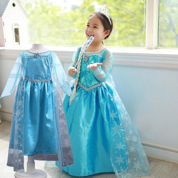 Frozen Queen Elsa Cosplay Princess Dress Fancy Dress Barn Flickor Halloween Balklänning Kostym Blue Sleeve 4-5 Years
