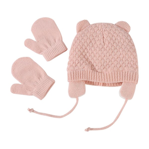 Newborn Baby Strik Beanie Cap Øreklap Hat Med Vanter Handsker Sæt Vinter Varm 0-8m Pink