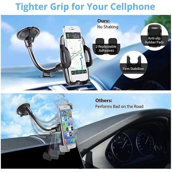 Universal fleksibel biltelefonholderfeste for frontrute og dashbord