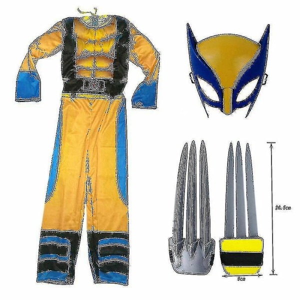 Kids Wolverine Costume Boy Superhero Jumpsuit Kids Halloween Cosplay Mask/wolf Claw Props Fantasy 3Pcs Set S(110-120CM)