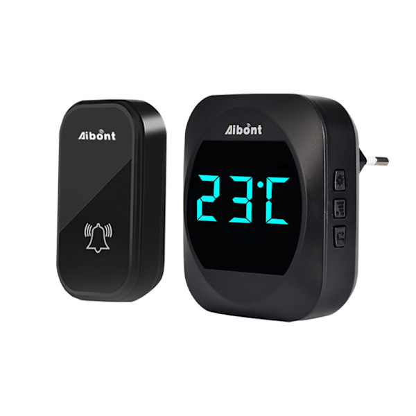 Termometer, IP44 Vandtæt Dørklokkesæt med 300 m Rækkevidde, 38 Melodier, 0-100dB Lydstyrke med 4 Niveauer og LED-Display, Trådløse Dørklokker til Stikkontakt black