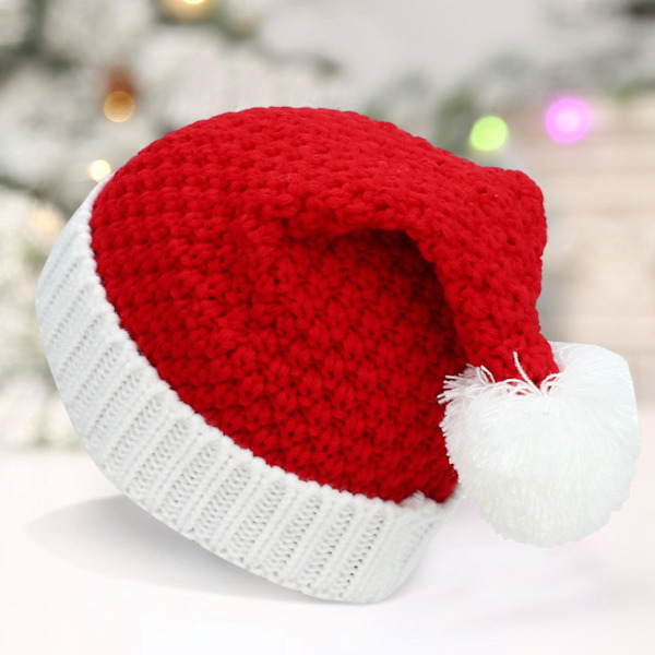 Julklappsmössa Stickad Vit Pompom Handgjord Flanging Termisk Klä Upp Kostym Tillbehör Ullgarn Kvinnor Män Unisex Jultomtehatt För Utomhus Red One Size