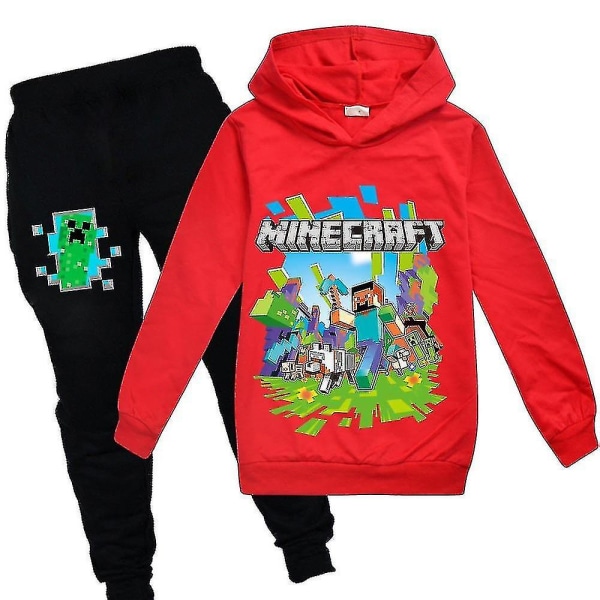 Minecraft Treningsdresssett Barn Genser Genser Genser med hette + Joggebukse Joggebukse Gutter Jenter Antrekk Red 9-10 Years