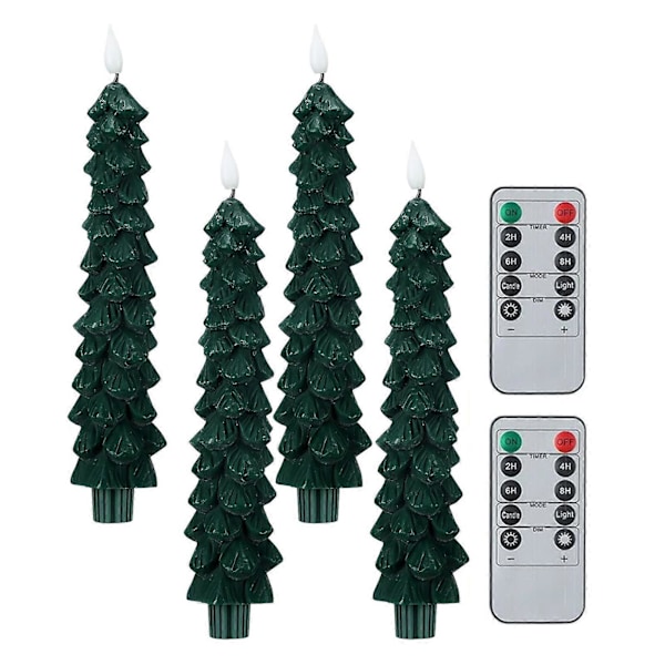 4 stk. Flammeløse Lys LED Julertetformede Lys med 3D Flammeveke Batteridrevne Lys med Fjernkontroll Timer for Hjemmedekor Green