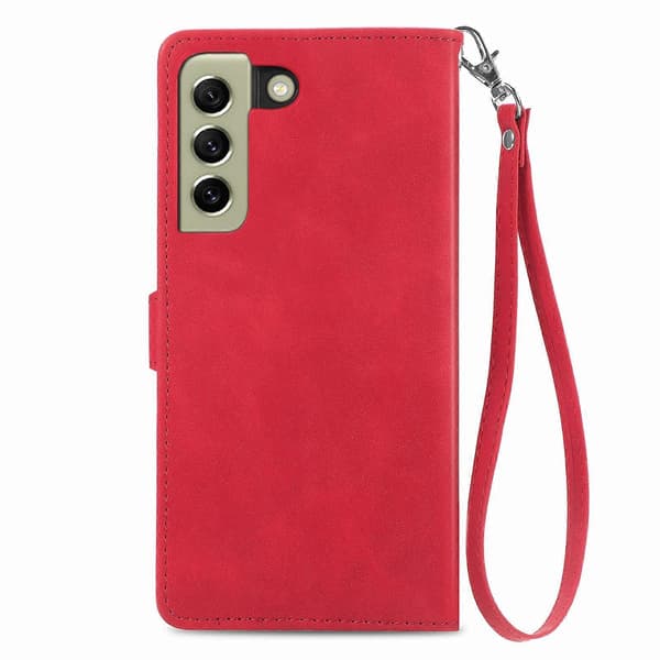 För Samsung Galaxy S21 FE 5G Präglad Blommig Stötsäker Läderfodral Red