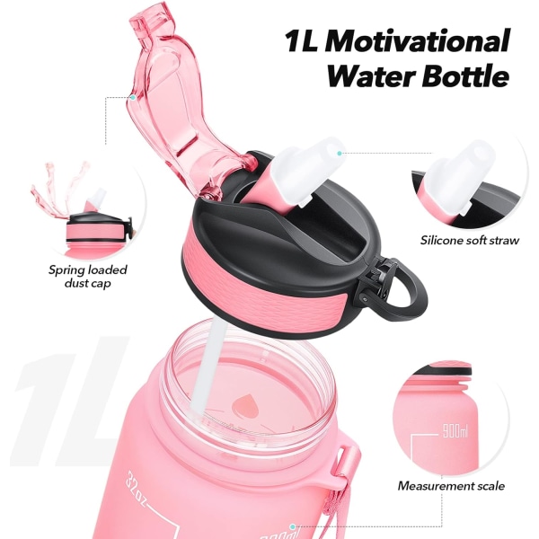 1 litre Motivational Fitness Sports Water Bottle with Straw Maker,Plastic Drink Bottle