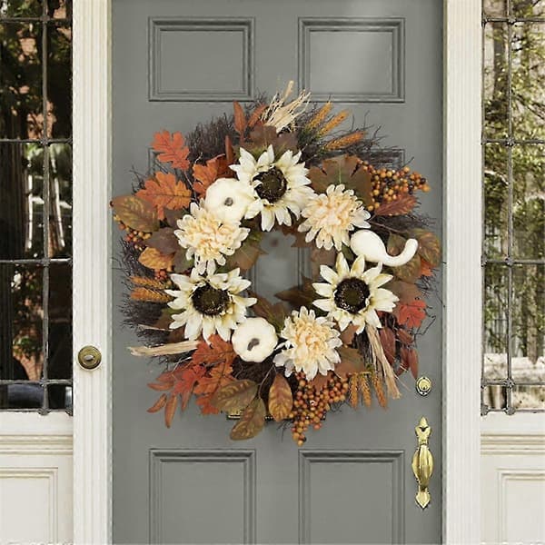20 tommer efterårskrans efterårsdekoration til hoveddør med græskar til Halloween, Thanksgiving, udendørs udstilling As Shown