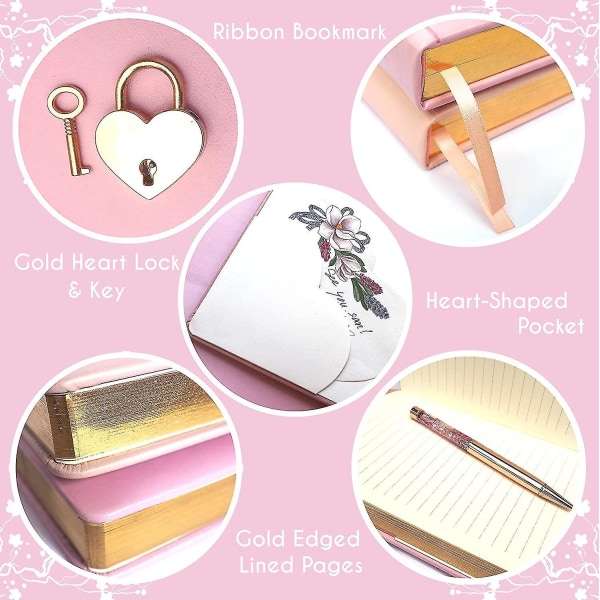 Jenter dagbok med lås og nøkkel for jenter hemmelige barn journaler for jenter Rosa hjerte låsejournal i kunstskinn Gullfôret notatbok med penn Tenåringer kvinner