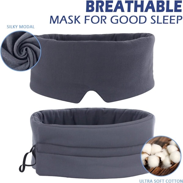 Sovmask - Hudvänligt Modalmaterial & Ljusblockerande Sovmask för Hemma/Flyg/Skiftarbete, Handgjord, Fullt Justerbar Rem, Fullständiga Ögonskydd grey