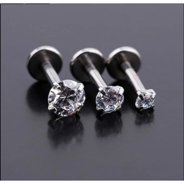 3 st Labret med sten, Kirurgiskt stål. Nr 2, längd: 6 mm