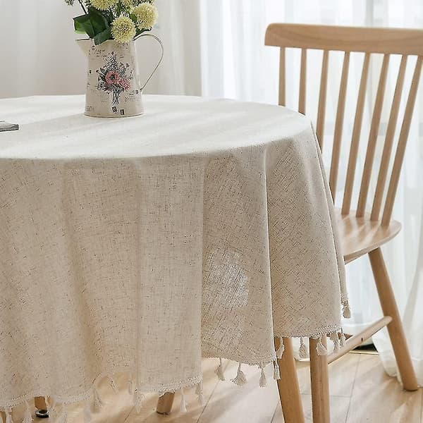 Round Solid Color Cotton Linen Tablecloth with Tassels for Kitchen, Dining Room, Farmhouse