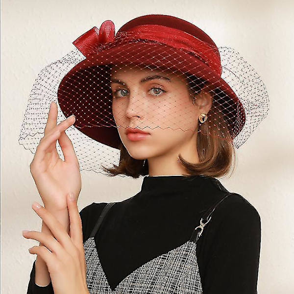 Elegant topphatt i ull av hög kvalitet, bankett, topphatt, bassänghatt, tyllmeshhatt red