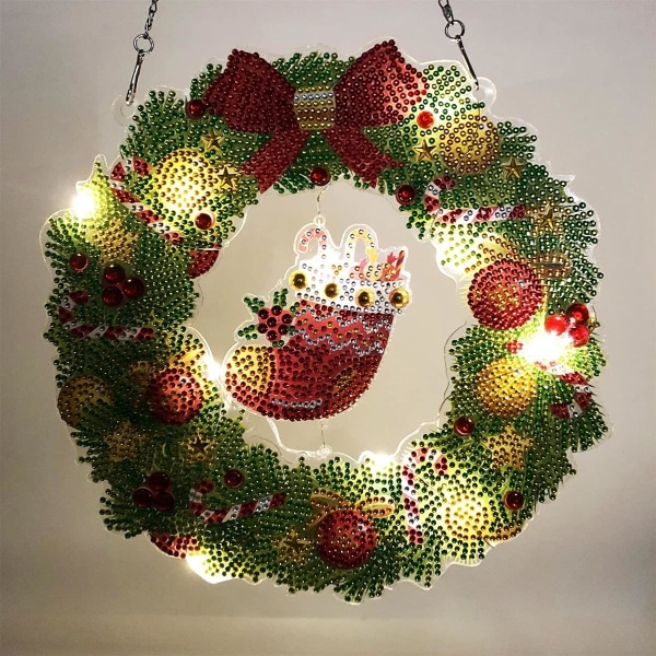 Juledørkrans 5D Diamantmaling med LED Lys Vegg Hanne