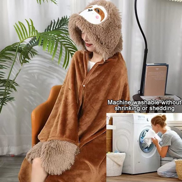 Dovendyr Bærbar Hættetrøje Tæppe Gave til Kvinder, Blød Sød Hygge Hættetrøje Tæppe, Cozy Flanel Krops Tæppe, 155*125 cm (Khaki)