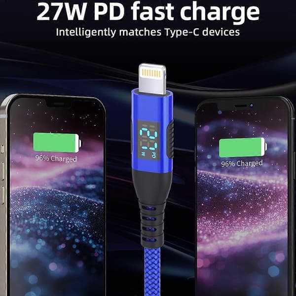 2m USB-C til Lightning-kabel med digitalt display PD 27W hurtiglading nylonflettet ledning Multicolor Red