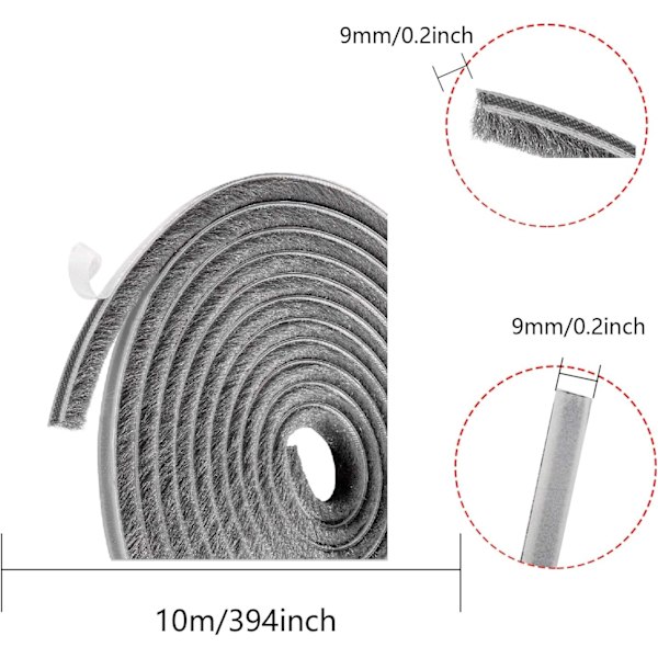 10 m harjatiiviste, tuulenpitävä ja pölytiivis itseliimautuva harjatiiviste liikkuviin ikkunoihin ja oviin, 9 mm leveys x 9 mm korkeus, harmaa