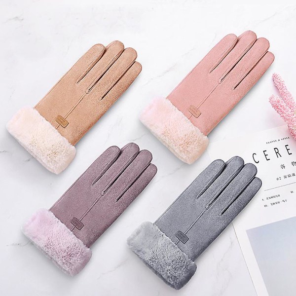 Kvinders vinter ruskind komposit bejirog fortykkede touch screen termiske handsker Fur mouth one mark pink
