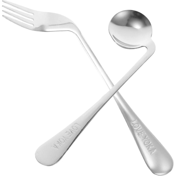 1 sett Vinklet gaffelskje Lett ergonomisk gaffelskje Spise Fôring Utensila Assist servise Silver-1 20X7.5CM