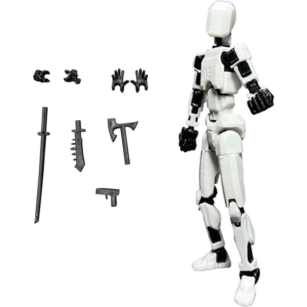 T13 Action Figure, Titan 13 Action Figure med 4 typer av vapen och 3 typer av händer, T13 3D Printed Multi-Jointed Action Figure White-Black