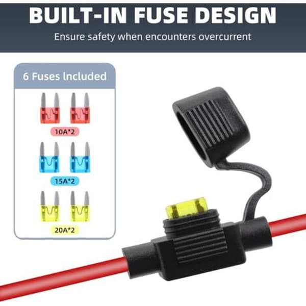 12V/24V Cigarette Lighter Socket Extension Cable, Fixed Threaded Female Connector to O-Ring Terminal, with Waterproof Cap and 20A Fuse (3M)