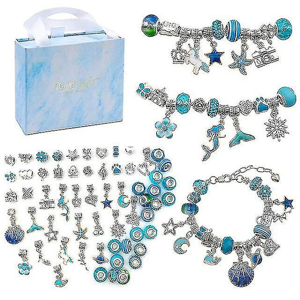 64 st smyckestillverkningssats för barn, armband med berlocker, halsband, present, Pandora-legeringspärlor, gör-det-själv-barnarmband Blue