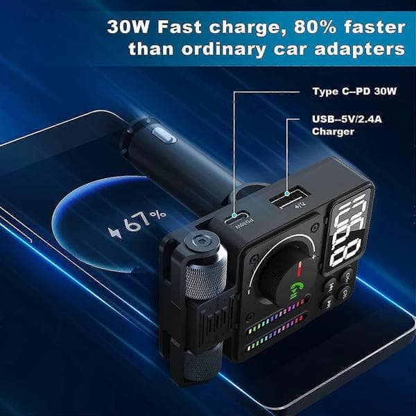 Mt01 Omgivelseslys Bil Bluetooth-adapter med FM-sender MP3-spiller og Type-C + USB-lader