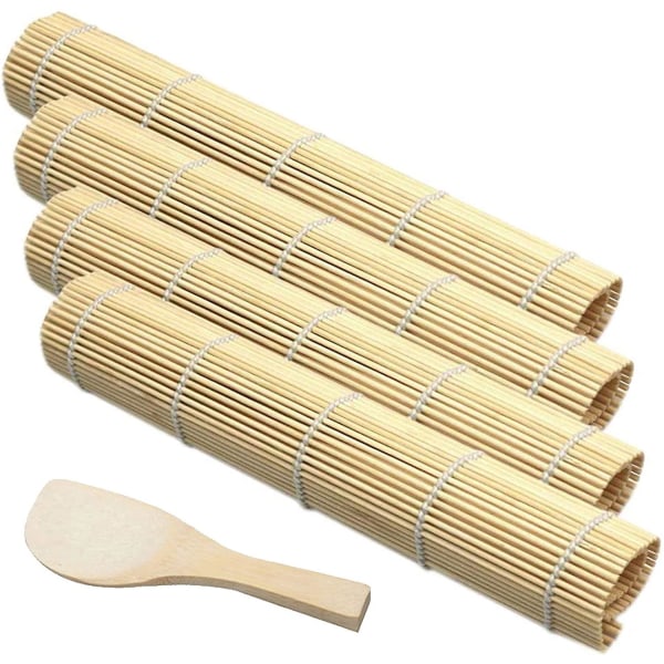 Piao Bamboo Sushi Mat Bamboo Sushi Valmistussarja Sushi Diy Kit Bamboo Mat Bamboo Keittiömatto sushille 4 rullaavaa sushimattoa, 1 riisimela