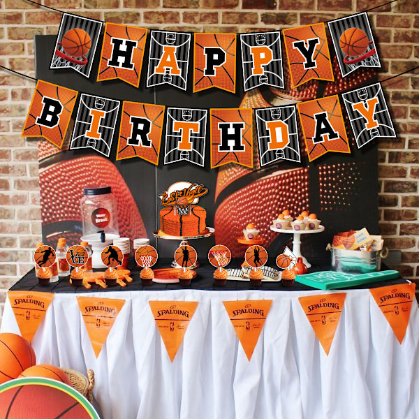 Dekoration för basketbollstemafest, sport, pojke, födelsedag, flagga, tårta, kort, ballonguppsättning, layout, tillbehör