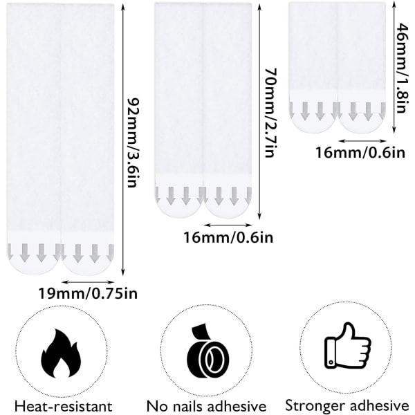 36 paria (72 nauhaa) Kuvan ripustusliuskat Raskaat, 3 kokoa Ei nauloja Kuvan ripustusliuskat Irrotettava tarranauha
