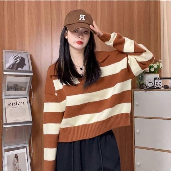 Pullover Lazy Stribet Sweater Kvinder Efterår Blød Strik Versatil Kort Langærmet Sweater Pullover Kvinde black XS
