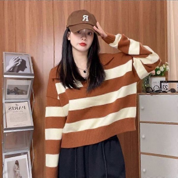 Pullover Lazy Stribet Sweater Kvinder Efterår Blød Strik Versatil Kort Langærmet Sweater Pullover Kvinde white One Size