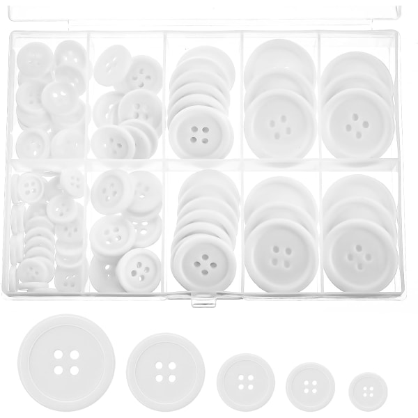 100 st Resin knappar för sömnad, 5 storlekar Flatback sy knappar 4-håls vita DIY knappar med förvaringslåda, runda blandade knappar (vita)