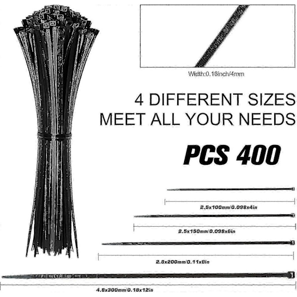 400 Kabelbindere Selv-låsende Nylon Kabelbindere Kabelbindere Plastik Kabelbindere