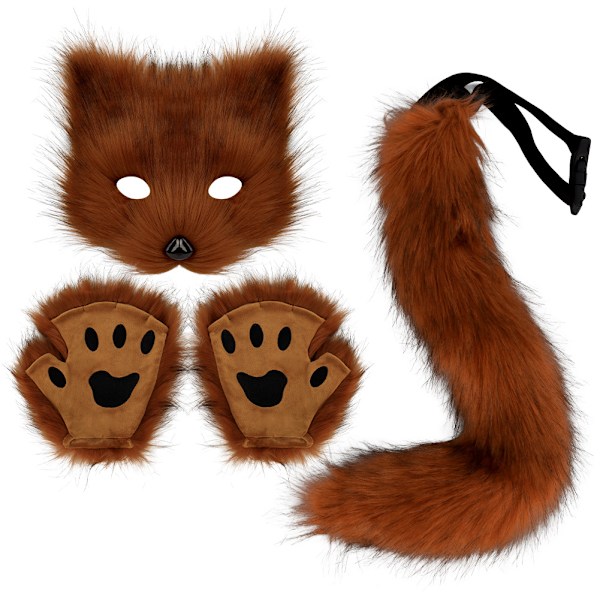 Kunstig Pelsræv Hale Kat Varulv Cosplay Kostume Sæt Plys Maske Fluffy Poter Handsker Halloween Jul Rød Brun Red brown One Size