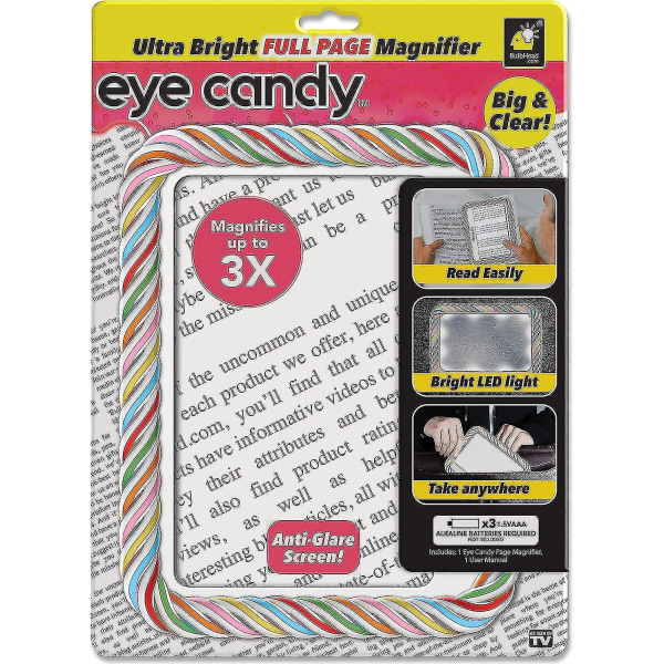 Eye Candy Ultra Bright fuldsideforstørrelsesglas og boglys, som set på tv Anti-reflekterende læselys gør sider 3x større med dæmpbar lysstyrke Picture color one size