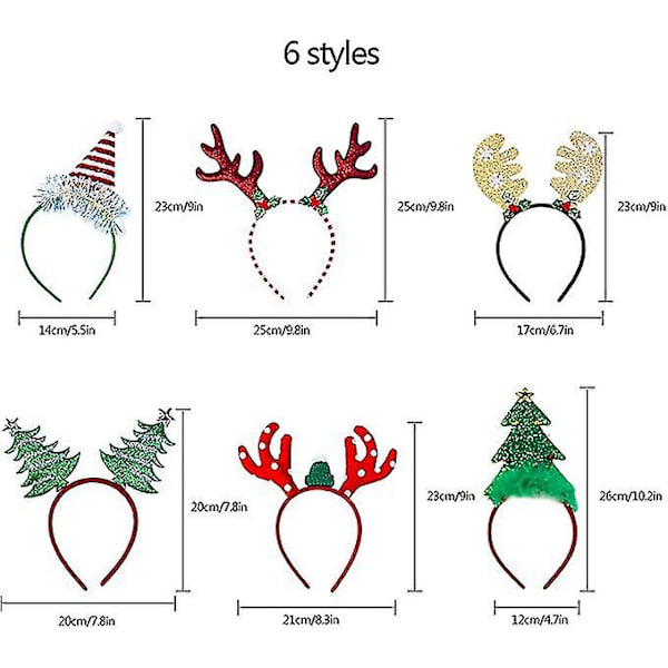 6 stk. julehodebånd, julehodebånd for kvinner, barn, voksne, babyjenter, julehatter, reinsdyrgevirhodebånd, hårbøyle med ører, hodeplagg Chr