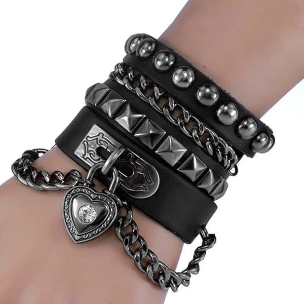 Nithalsband Flerskikt Svart Läder Manschett Hjärtformad Berlockarmband Nitat Kedjearmband Punk Sport Rockarmband Justerbart 17+cm