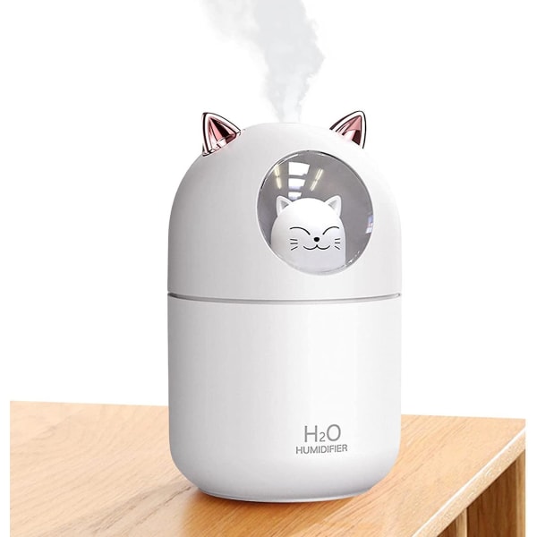Lille luftfugter - 300 ml Cat Shape Air Aroma Diffuser | Genopladelig luftfugter med natlys, selvpleje, hudplejende, fugtgivende hvid