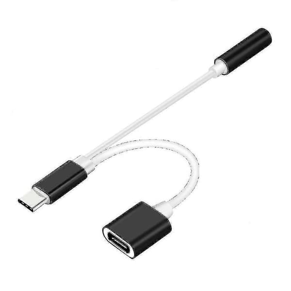 USB Type-C til 3,5 mm Jack AUX Audio Splitter Konverter Adapter + Ladekabel