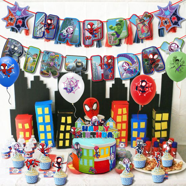 Syntymäpäiväjuhlien koristelu Spider-Man-taustakangaskakku, johon on lisätty pakopallon juhlatarvikkeet