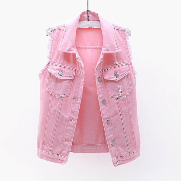 Kvinnors vår- och höstkappor enfärgad ärmlös denimjacka ytterkläder Pink L