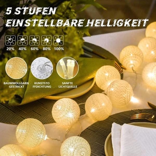 Cotton String Lights, 20 LED USB String Lights with Remote Control and Timer, Indoor Light Ball String for Christmas Party Kids Bedroom Grey