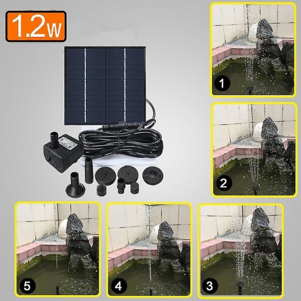 1,2w solcellsfontän inbyggt 160 Mah batteri solcellsdammpump
